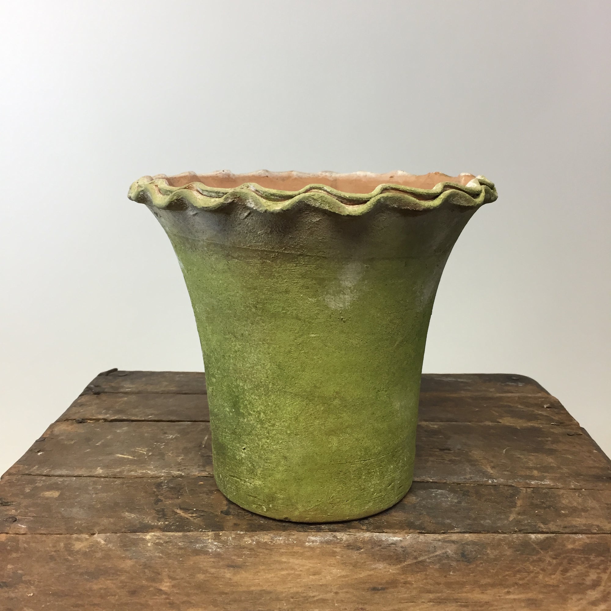 Pie Crust Aged Mossed Terracotta Pot. Medium.