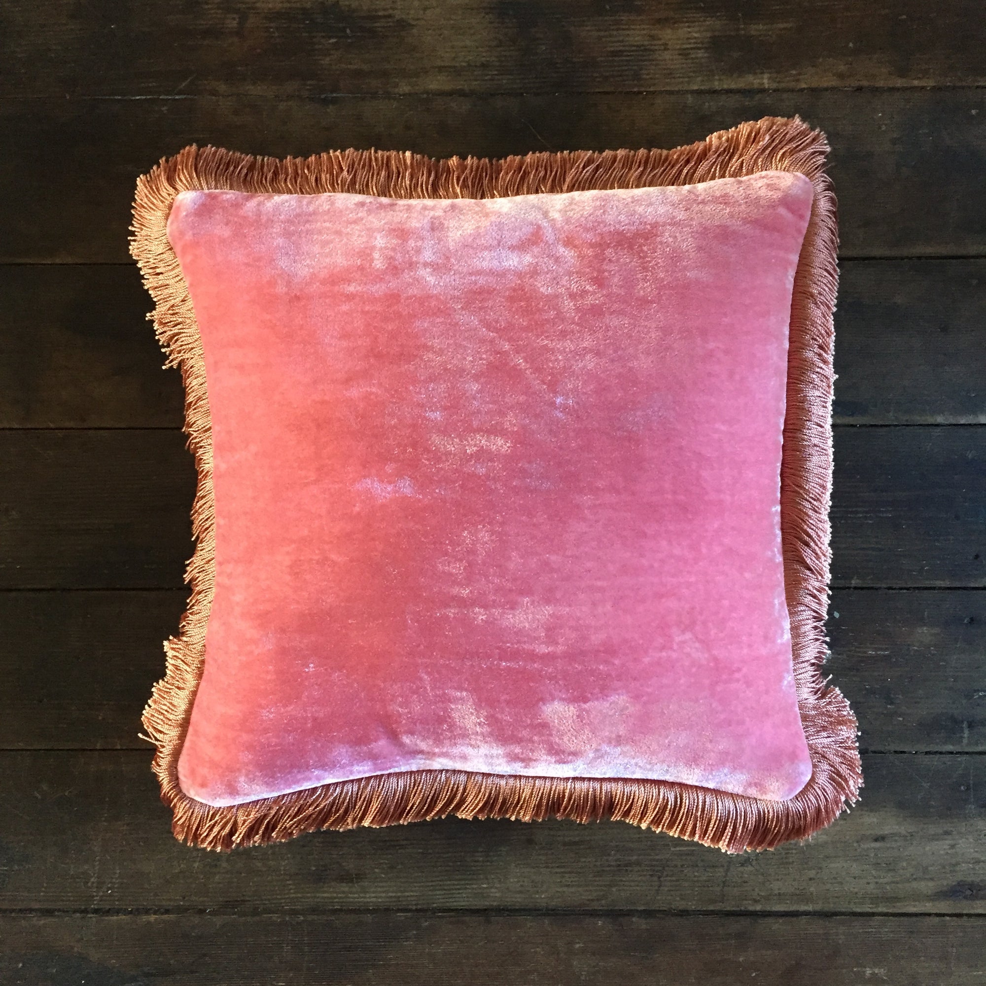Anke Drechsel New Pink Silk Velvet Pillow with Peach Rose Fringe 12" x 12"