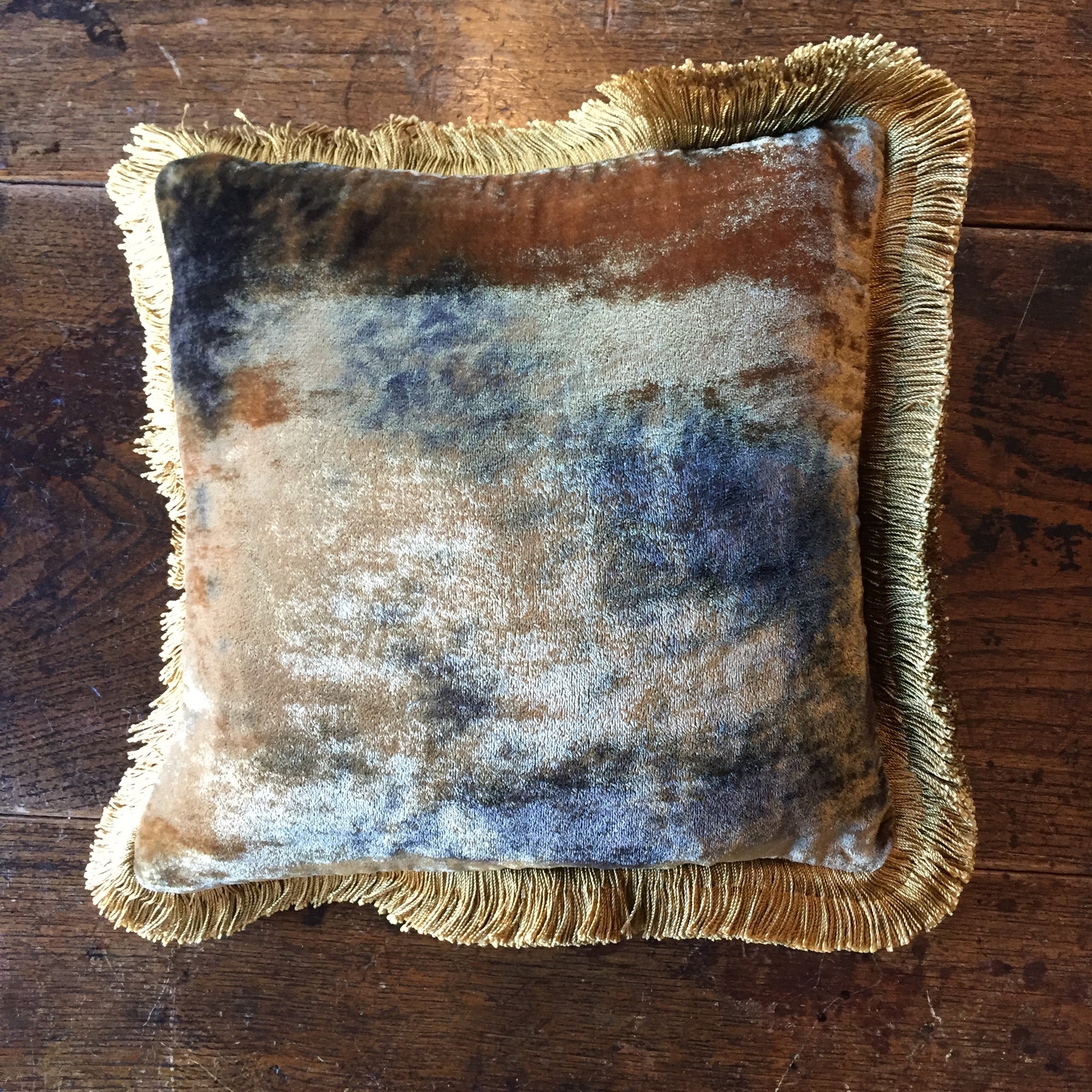 Shaded Brown Silk Velvet Pillow with Gold Fringe by Anke Drechsel