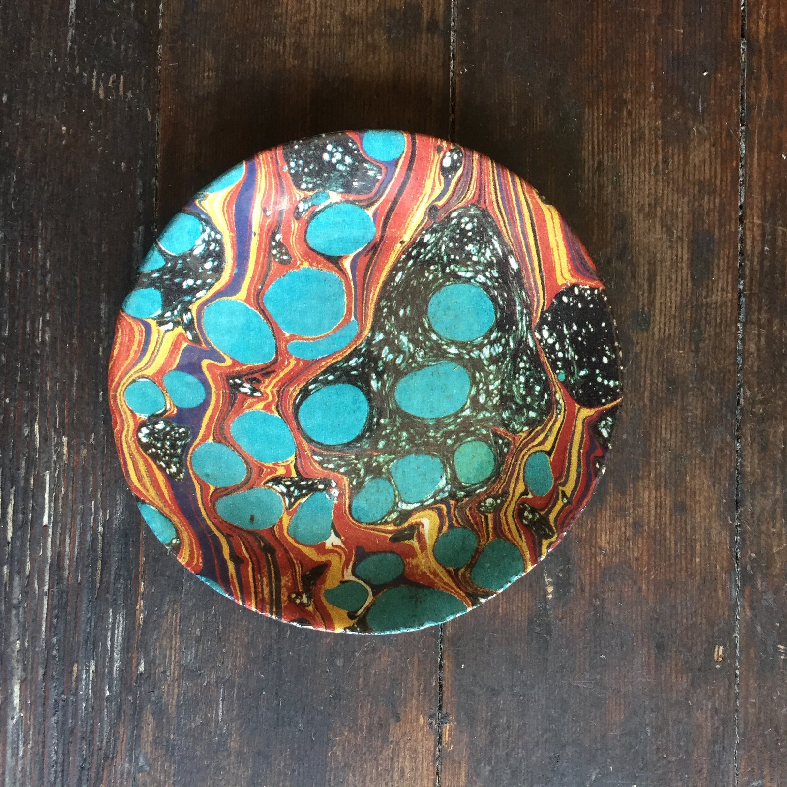 John Derian Turquoise Orange and Black Marble Saucer